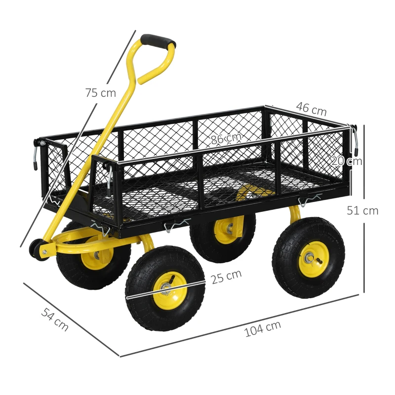 Outsunny Carrinho de Jardim Carga 200 kg com Paineis Laterais Desmontáveis Guiador Giratório 180° e 4 Rodas  de Borracha Preto e Amarelo