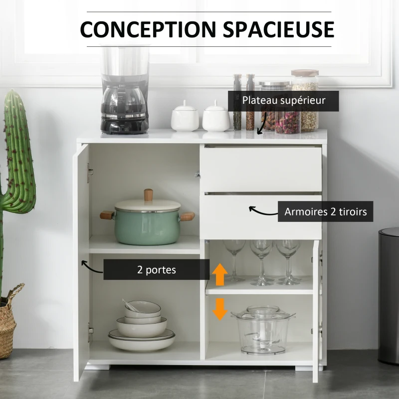 HOMCOM Meuble de rangement buffet commode armoire de rangement avec 2 tiroirs et 2 placards à portes, étagères réglables, pour salon, cuisine, chambre, 79 x 36 x 74 cm blanc