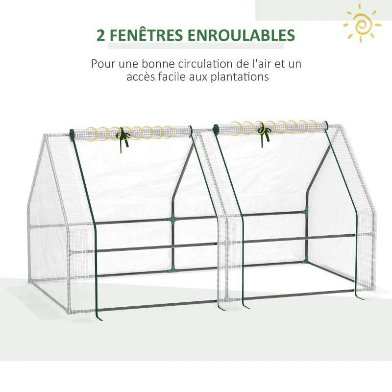 Outsunny Mini Serre de Jardin mini serre tunnel 180L x 90l x 90H cm toit pointu Acier PE Haute densité 140 g/m² Anti-UV 2 fenêtres avec Zip enroulables Blanc