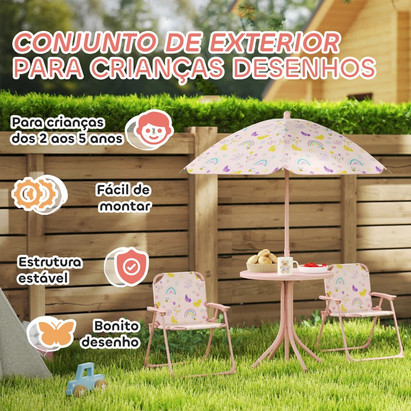 AIYAPLAY Conjunto de Mesa e Cadeiras para Crianças de Jardim com Cadeiras Dobráveis Chapéu de Sol Ajustável e Desenho de Raposas Rosa