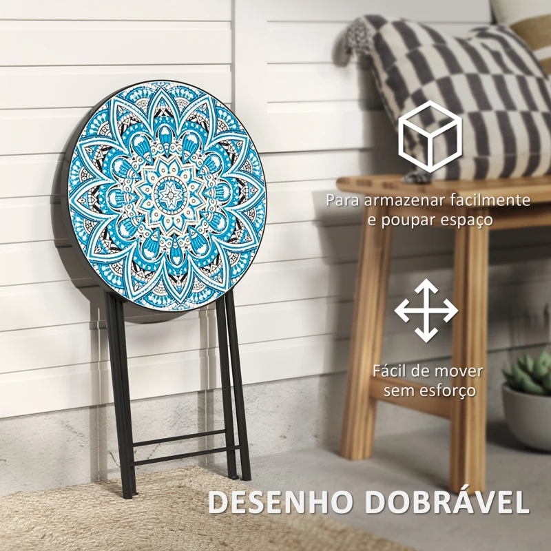 Outsunny Mesa Auxiliar Redonda Mesa de Jardim Dobrável com Bancada em Mosaico e Pés com Almofadas Antiderrapantes Ø35,5x55 cm Azul