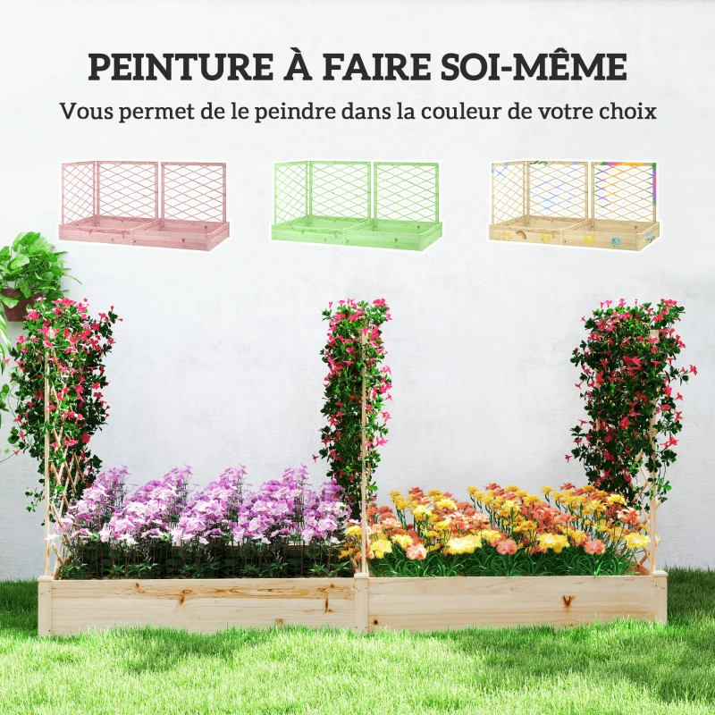 Outsunny Jardinière avec 3 treillis modulable, bac à fleurs en bois pour balcon terrasse patio, 222x114x109 cm effet bois naturel