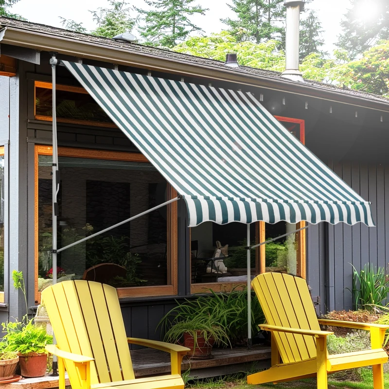 Outsunny Toldo Manual Retráctil 200x150x170-280 cm para Balcón y Terraza con Altura Ajustable con Manivela Rayas Verde y Blanco