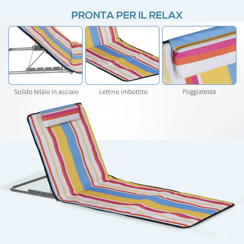 Outsunny Set 2 Sdraio da Spiaggia Pieghevoli con Schienale Regolabile e Poggiatesta, 53x124x35-45 cm, Multicolore