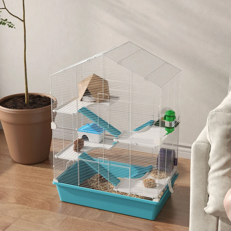 PawHut Gaiola para Hamster de 5 Níveis com Plataformas Comedouro Bebedouro Casa Rampa e Rodas de Exercícios 58x36x81 cm Azul Claro