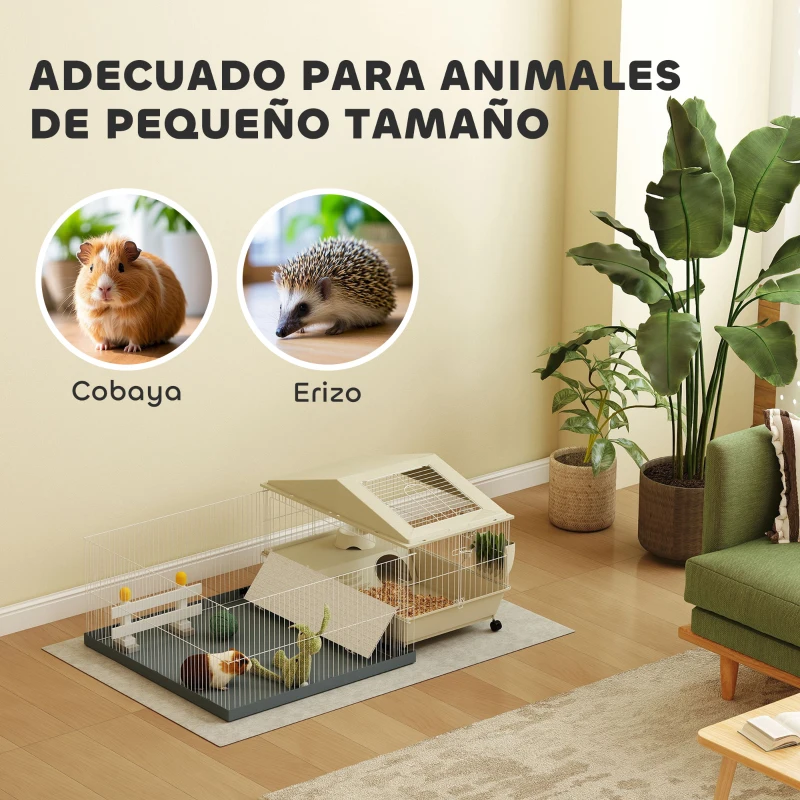 PawHut Jaula para Animales Pequeños con Corral Desmontable Cuenco Botella de Agua y Dispensador de Heno 108x71x57 cm Beige