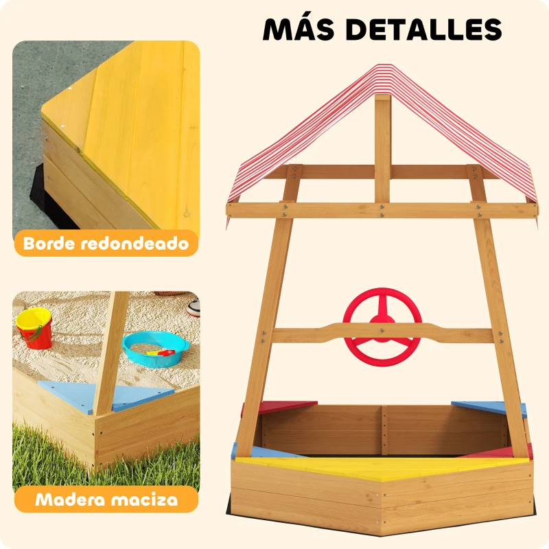 AIYAPLAY Arenero Infantil de Madera en Forma de Barco con Toldo Ajustable Timón y Forro de Base para Juegos al Aire Libre Natural
