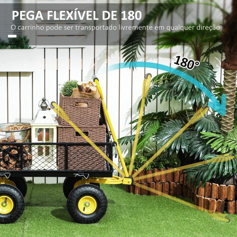 Outsunny Carrinho de Jardim Carga 200 kg com Paineis Laterais Desmontáveis Guiador Giratório 180° e 4 Rodas  de Borracha Preto e Amarelo