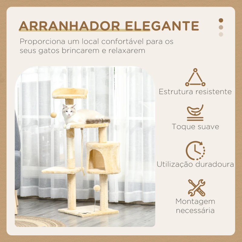 PawHut Árvore de gato com plataformas Cabines Bolas de jogo bege 40x40x114cm