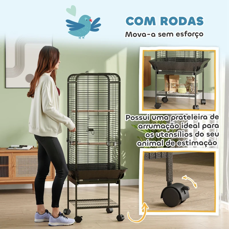 PawHut Gaiola para Pássaros com Rodas Poleiros Comedouros Prateleira e Bandeja Amovível 62,5x62,5x146 cm Cinza Escuro