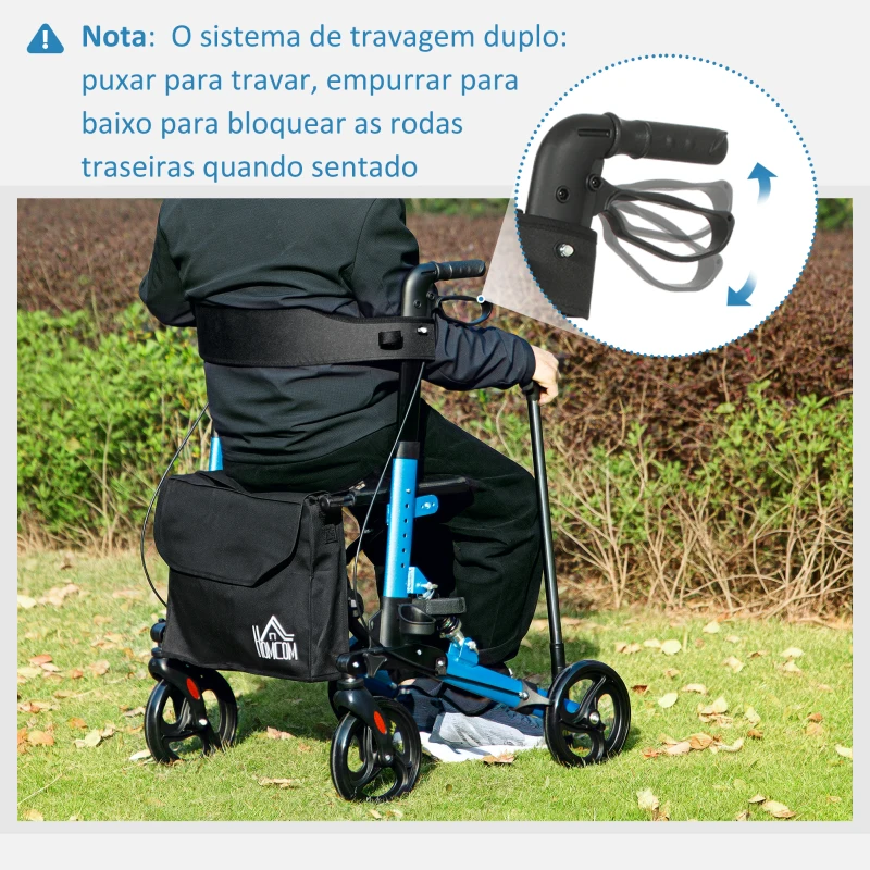 HOMCOM Andarilho Idosos Dobrável de Alumínio com Altura Ajustável Travão e Bolsa de Transporte 66x65x80-93 cm Preto e Azul