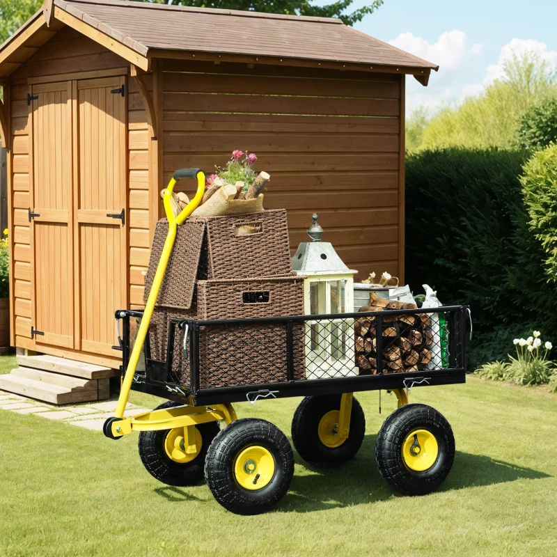 Outsunny Carrinho de Jardim Carga 200 kg com Paineis Laterais Desmontáveis Guiador Giratório 180° e 4 Rodas  de Borracha Preto e Amarelo
