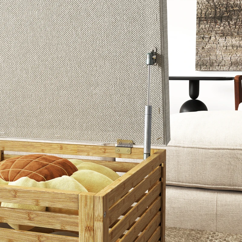 HOMCOM Baú de Arrumação para Dormitório 122L Estofado em Linho Sintético com Almofada Estrutura de Bambu 90x42x43 cm Cinza e Madeira