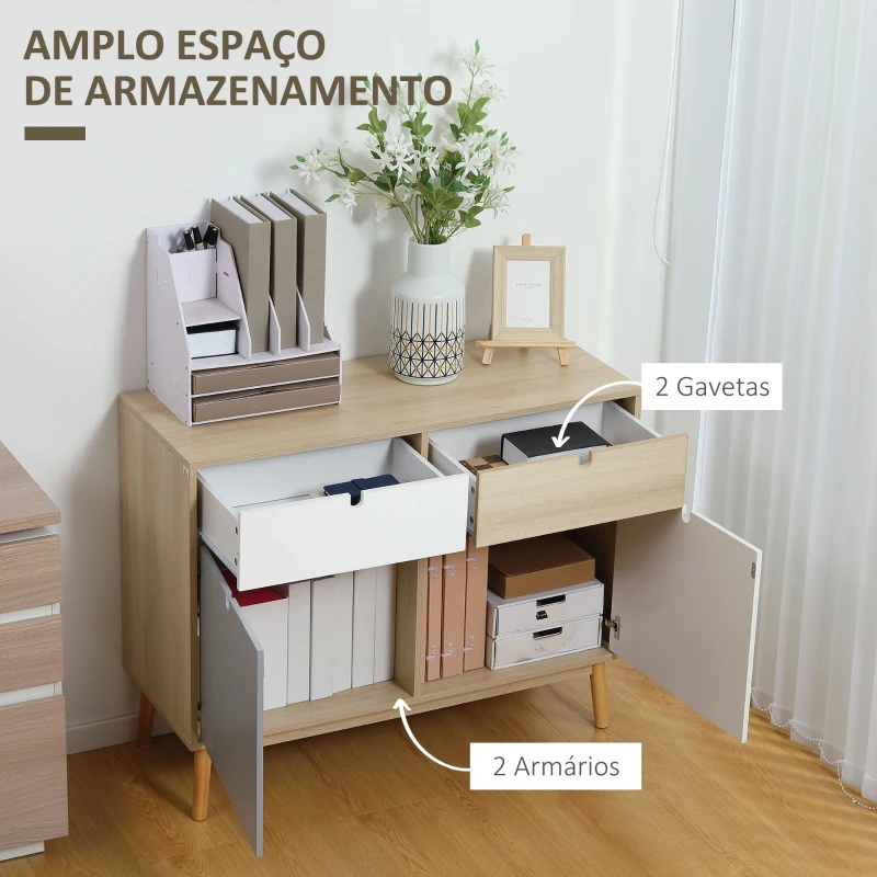 HOMCOM Aparador Auxiliar Móvel de Armazenamento com 2 Armários Fechados e 2 Gavetas Pés Elevados de Madeira de Pinho para Cozinha Dormitório Entrada 100x40x79,5cm Branco Cinza Madeira