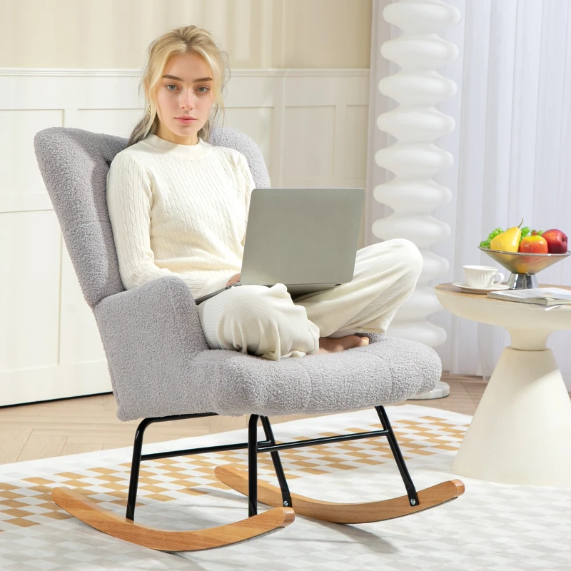 HOMCOM Poltrona Baloiço em Borrego Poltrona para Amamentação com Encosto Capitonê e Base de Madeira 65x88x87 cm Cinza Claro