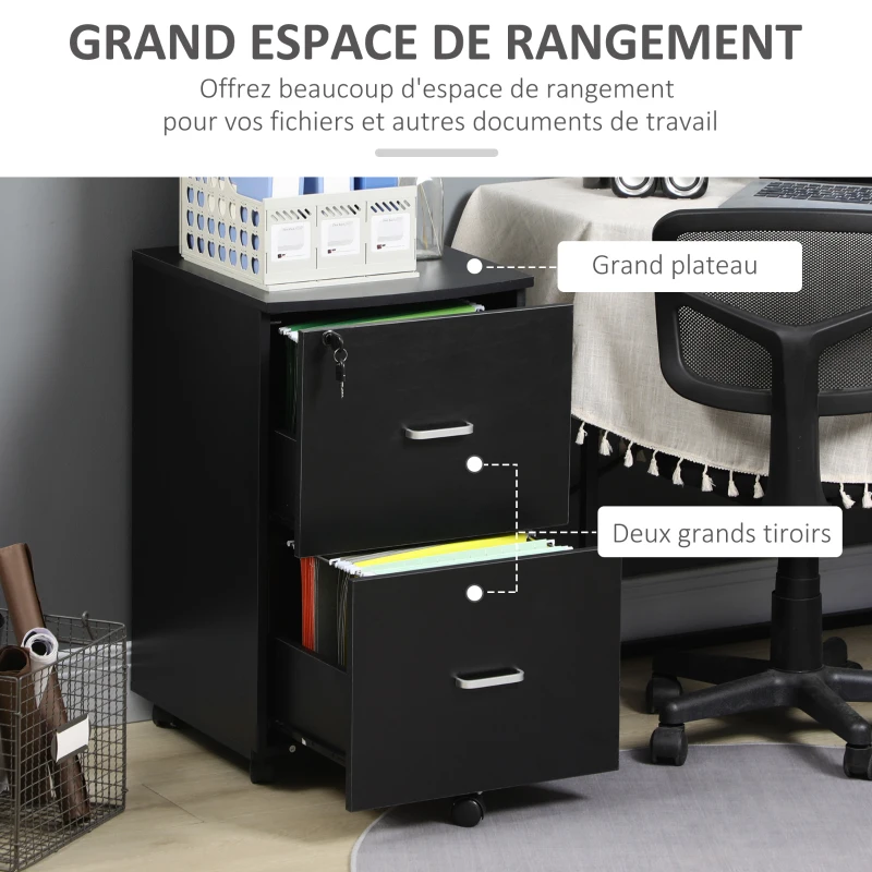 Vinsetto Caisson de bureau rangement sur roulettes dossier meuble armoire de bureau 2 tiroirs verrouillables en MDF panneaux de particules dim. 43L x 45l x 72H cm noir