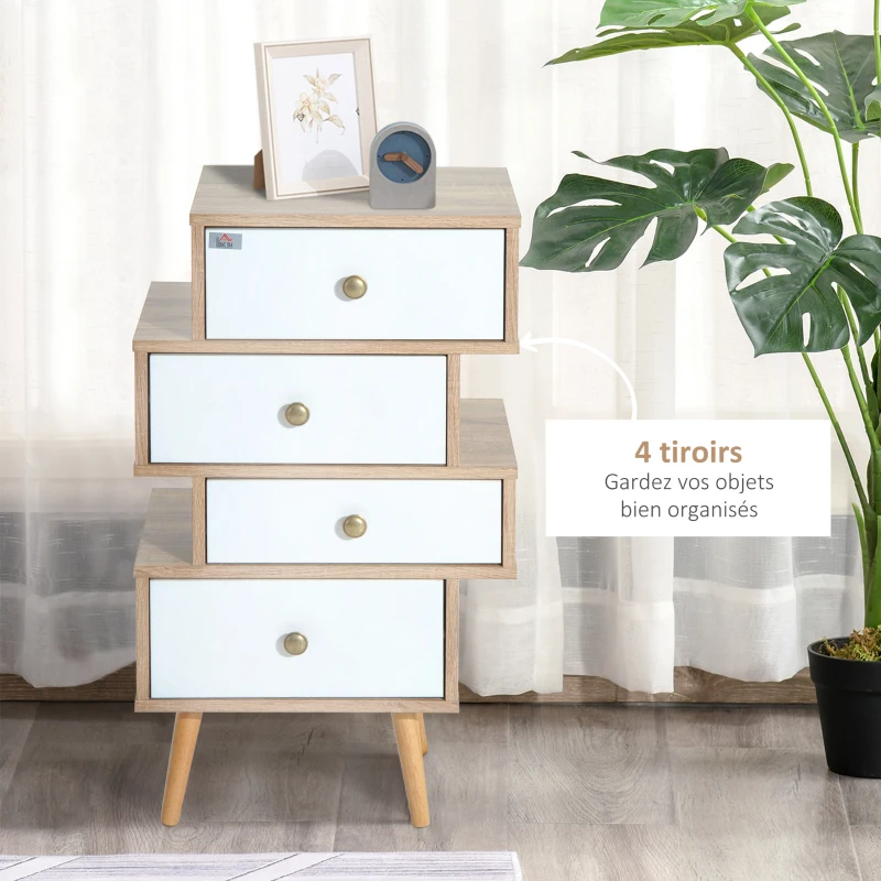 HOMCOM Meuble Commode chiffonnier Style scandinave 4 tiroirs coulissants 47 x 30 x 81 cm Coloris Blanc Bois de chêne