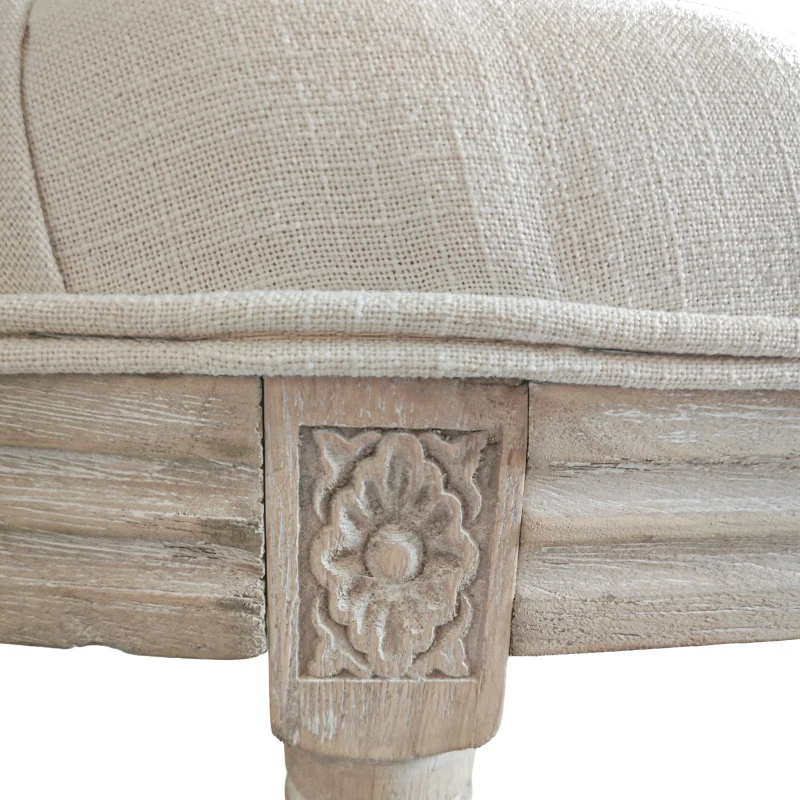 HOMCOM Banc bout de lit en forme demi-lune style Louis XVI structure en bois massif sculpté siège en tissu aspect lin crème