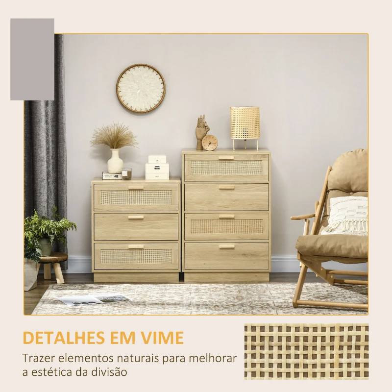 HOMCOM Cómoda com 4 Gavetas de Vime Cómoda de Madeira para Dormitório Sala de Estar Estilo Boêmio 60x38x88,5 cm Madeira