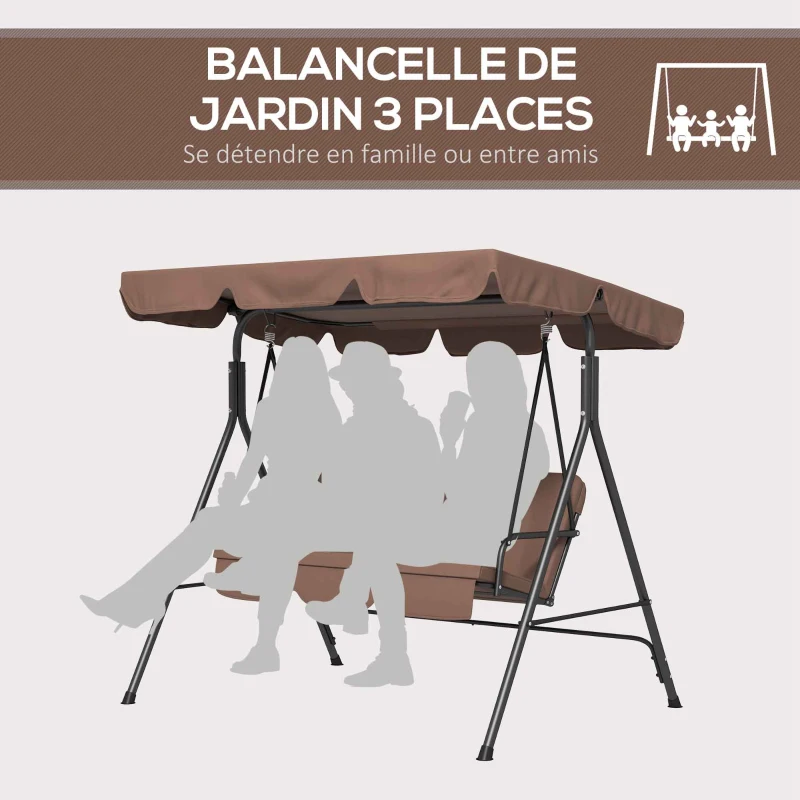 Outsunny Balancelle de jardin 3 places toit inclinaison réglable coussins 172 x 110 x 153 cm acier noir polyester marron