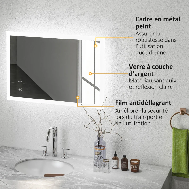kleankin Miroir mural lumineux LED de salle de bain 70L x 50l cm 3 couleurs luminosité réglable interrupteur tactile transparent