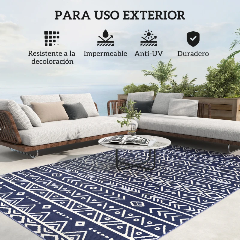 Outsunny Alfombra de Exterior Reversible 182x274 cm con Patrón Geométrico de Cenefa Impermeable con Bolsa Azul y Blanco