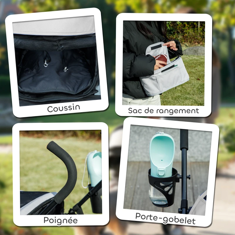 PawHut Poussette chien poussette pour chien 4 roues structure parapluie légère pliable sac de rangement charge 4 kg gris clair