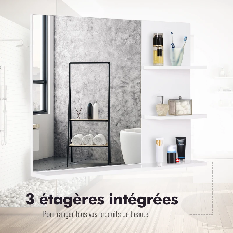 HOMCOM Miroir de Salle de Bain avec étagères - 2 étagères latérales + Grande étagère inférieure - kit Installation fourni - MDF Blanc
