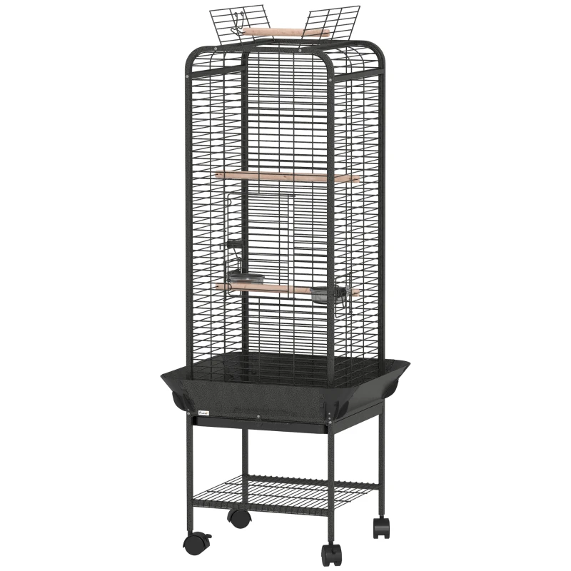 PawHut Gaiola para Pássaros com Rodas Poleiros Comedouros Prateleira e Bandeja Amovível 62,5x62,5x146 cm Cinza Escuro
