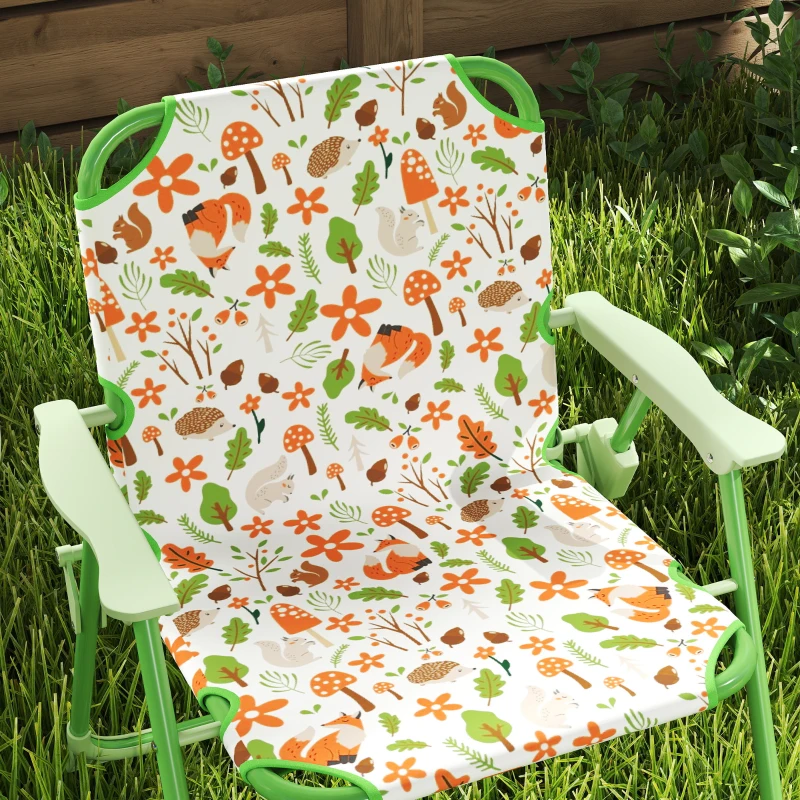 AIYAPLAY Conjunto de Mesa e Cadeiras para Crianças de Jardim com Cadeiras Dobráveis Chapéu de Sol Ajustável e Desenho de Raposas Verde