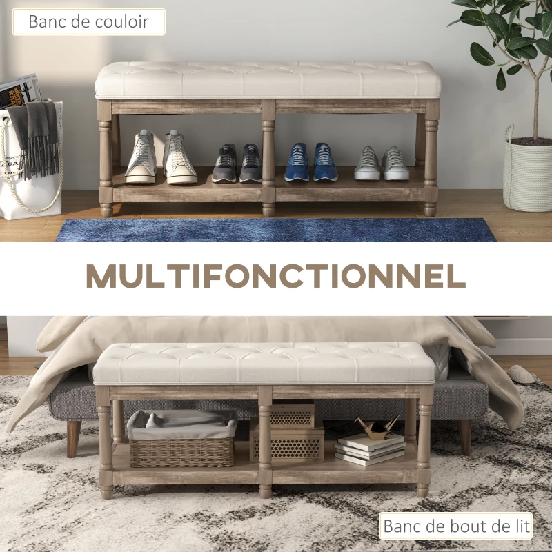 HOMCOM Banc banquette capitonnée 2 niveaux étagère 115 cm Bout de lit Rembourrée en lin piètement Bois sculpté Lin Beige(m-7)