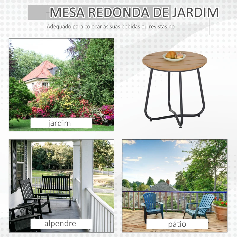 Outsunny Mesa Auxiliar Redonda Mesa de Jardim com Desenho em Ripas e Pés Ajustáveis Mesa para Varanda Ø49x48 cm Madeira