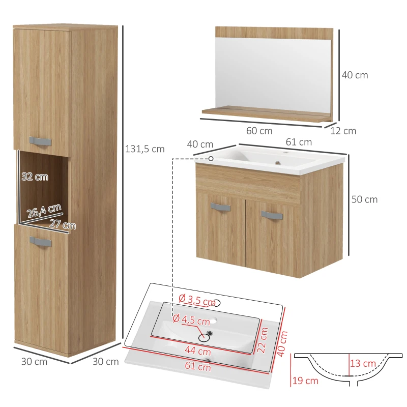 kleankin Ensemble de meubles de salle de bain armoire miroir + meuble sous lavabo suspendu avec bassin + meuble colonne naturel