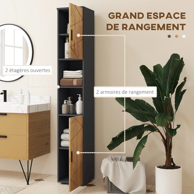 kleankin Meuble colonne armoire rangement salle de bain 2 portes étagère réglable 2 niches 30 x 30 x 183 cm chêne gris foncé