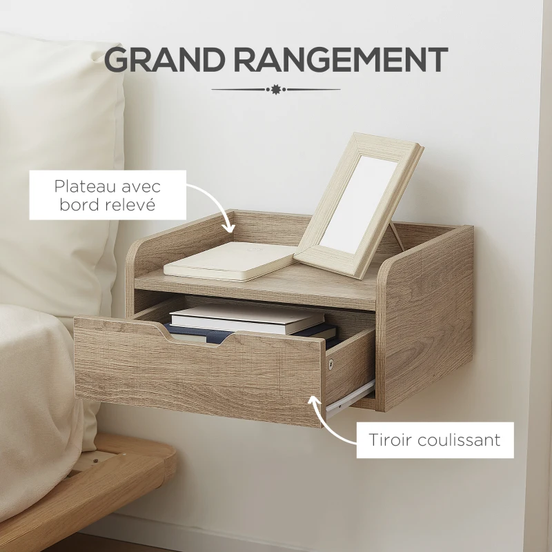 HOMCOM Lot de 2 tables de chevet murales tables de nuit suspendues tiroir plateau aspect bois dim. 40L x 30l x 19,5H cm