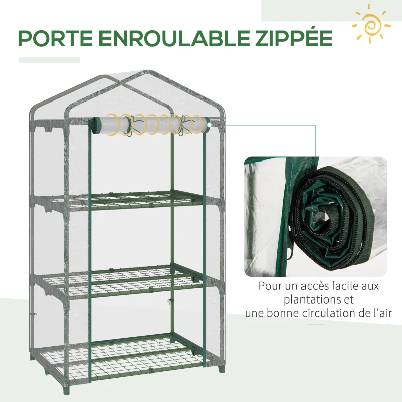 Outsunny Serre de jardin avec étagères 3 niveaux, serre de balcon, bâche renforcée PVC, châssis en acier, porte zippée enroulable, pour légumes plantes fleurs, 69 x 49 x 125 cm, transparent
