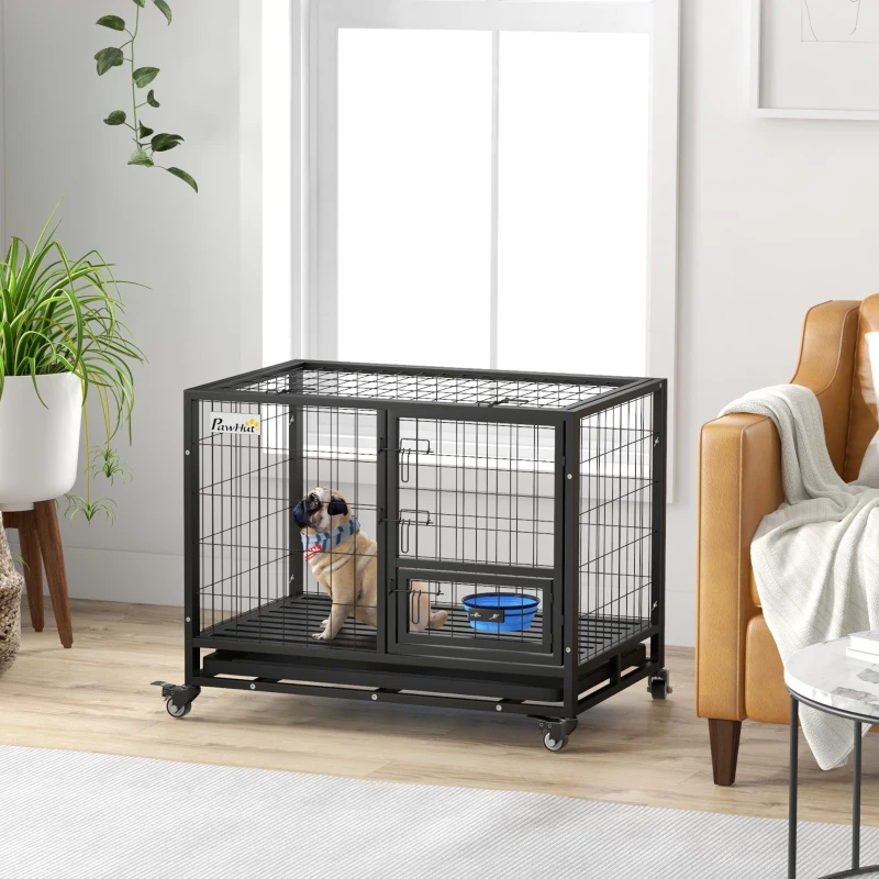 PawHut Gaiola para Cães com Parte Superior Rebatível Suporte de Tigelas Bandeja Amovível Rodas e Porta Dupla 92x62x73 cm Preto