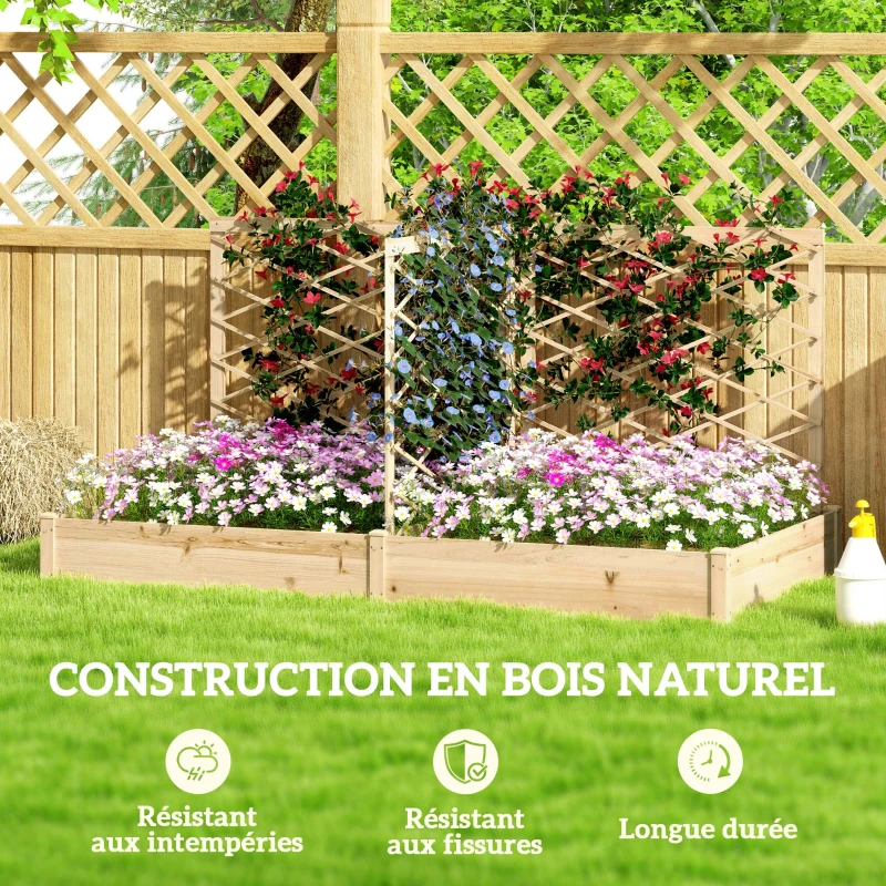 Outsunny Jardinière avec 3 treillis modulable, bac à fleurs en bois pour balcon terrasse patio, 222x114x109 cm effet bois naturel