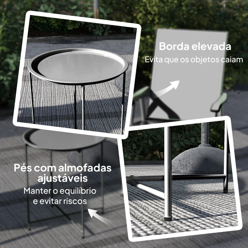 Outsunny Mesa Auxiliar Redonda Mesa de Jardim com Bandeja Amovível Pés Dobráveis Mesa para Exterior Pátio Ø46x50 cm Preto