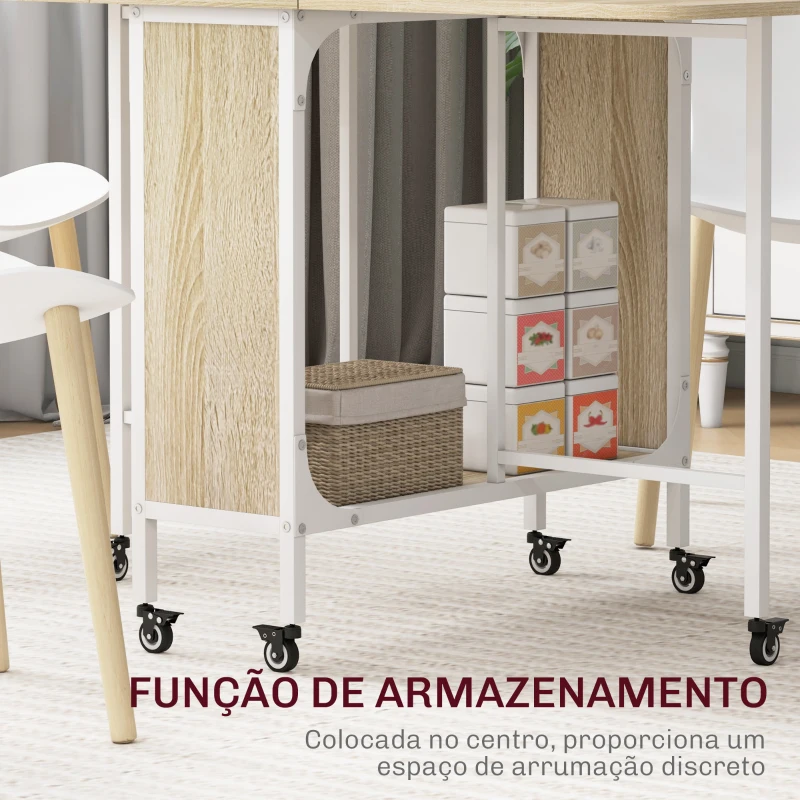 HOMCOM Mesa de Cozinha Dobrável Mesa de Refeição Dobrável com Rodas Laterais Abatíveis e Prateleira 130x80x74 cm Madeira e Branco