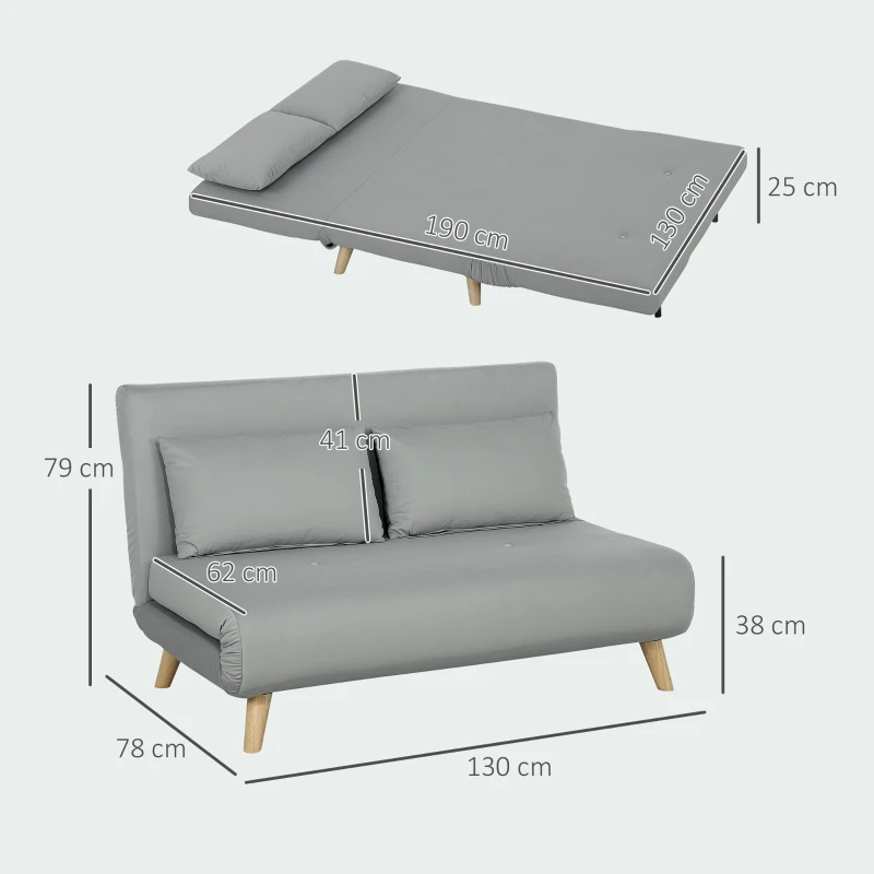 HOMCOM Schlafsofa Relaxsofa Sofa Couch, inkl. 2 Kissen, Samtoptik, 130 x 78 x 79 cm, Hellgrau(m-3)