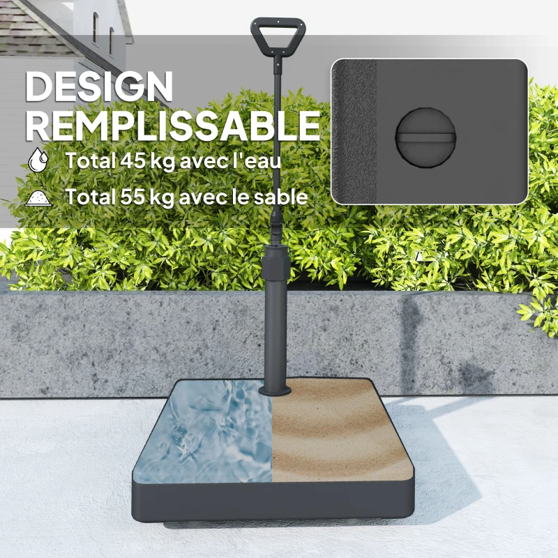 Outsunny Pied de parasol carré support parasol en HDPE sur roulettes avec poignée remplissage eau sable 60 x 60 x 100 cm noir