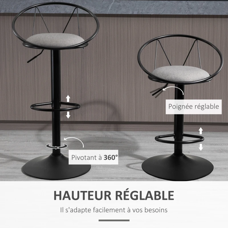 HOMCOM Lot de 2 tabourets de Bar Design néo-rétro réglable pivotant avec Repose-Pied métal Noir Lin Gris