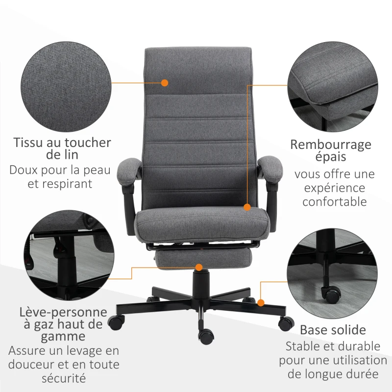 Vinsetto Fauteuil de bureau pivotant inclinable en tissu aspect lin avec accoudoirs hauteur réglable gris