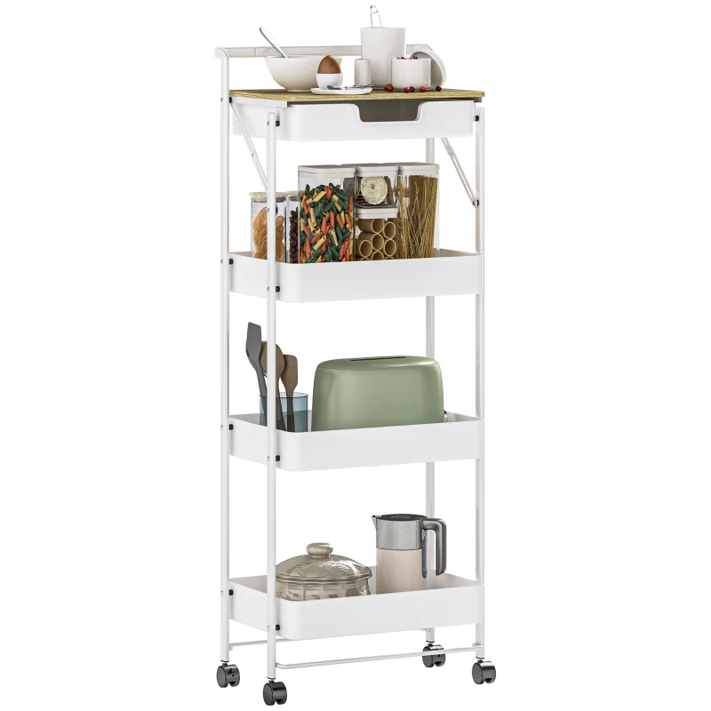 HOMCOM Carrinho Auxiliar com Rodas de 4 Níveis Carrinho de Cozinha com 1 Gaveta e 3 Cestos Carrinho Organizador 45x29,5x117,5 cm Branco