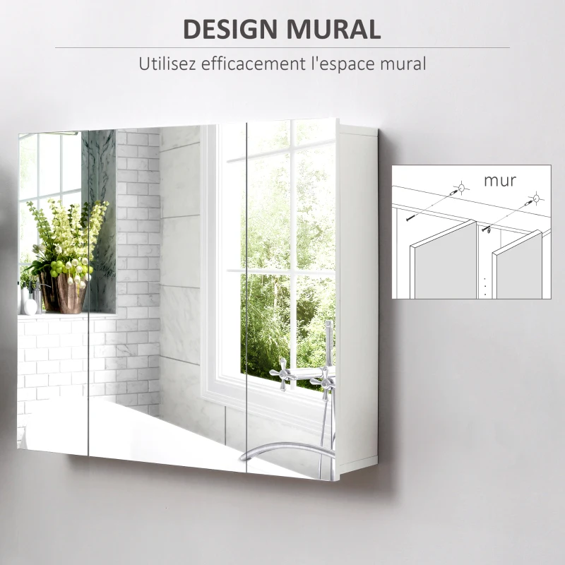 kleankin Armoire murale de salle de bain avec 3 portes miroir et étagères réglables en MDF Blanc dim. 70L x 15l x 60H cm