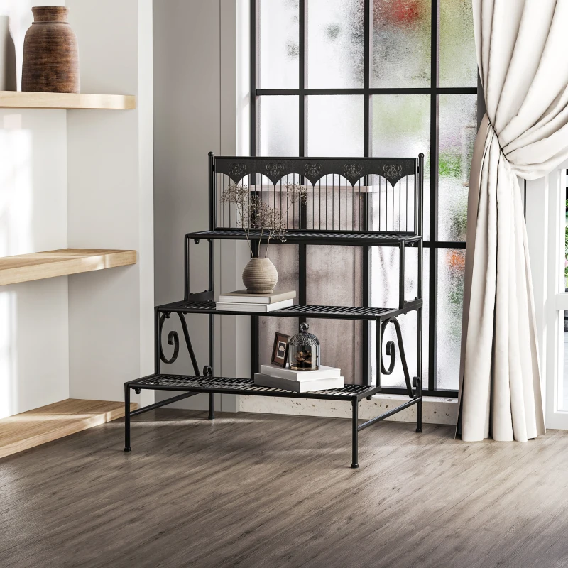 Outsunny Suporte para Plantas de 3 Níveis com Desenho em Escada Suporte para Vasos de Plantas para Interior e Exterior 73x66x85 cm Preto