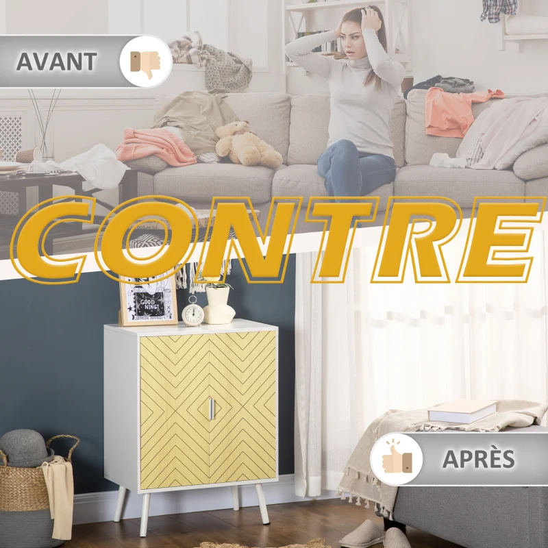 HOMCOM Buffet Meuble de Rangement sur pieds scandinave Placard 2 Portes avec étagère dim. 60L x 40l x 80H cm Blanc Portes Motif Graphique en Bois Clair