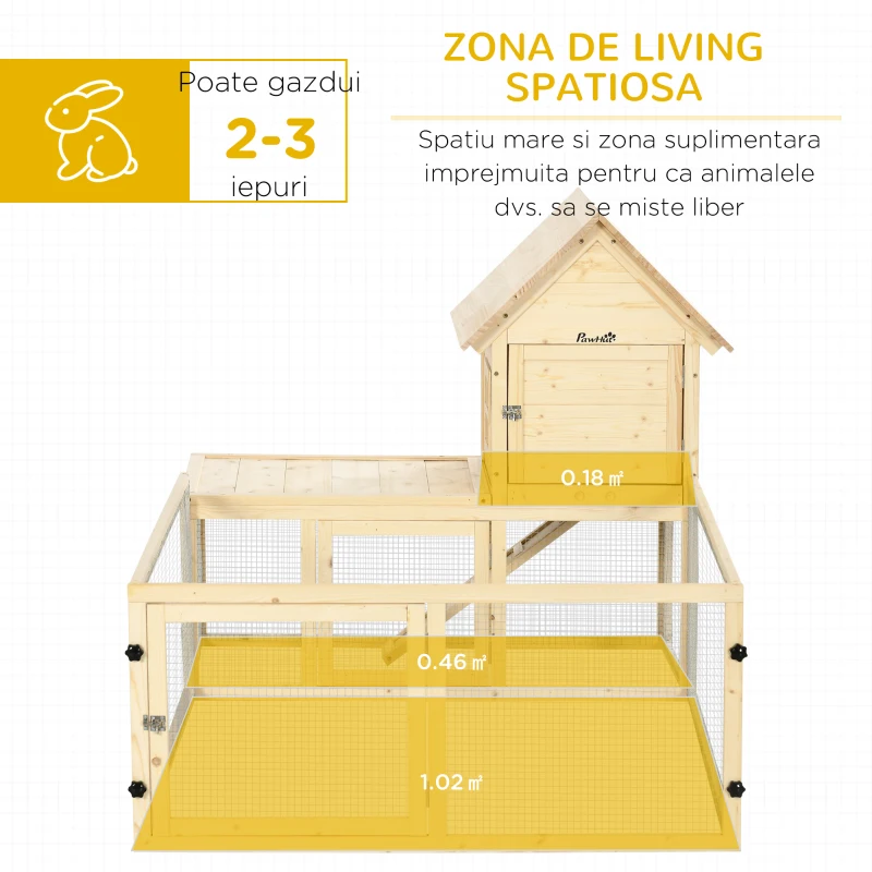 PawHut Cotet din molid cu tava detasabila, 3 usi si zona exterioara, 151,5x106x97 cm, culoare lemn(m-4)