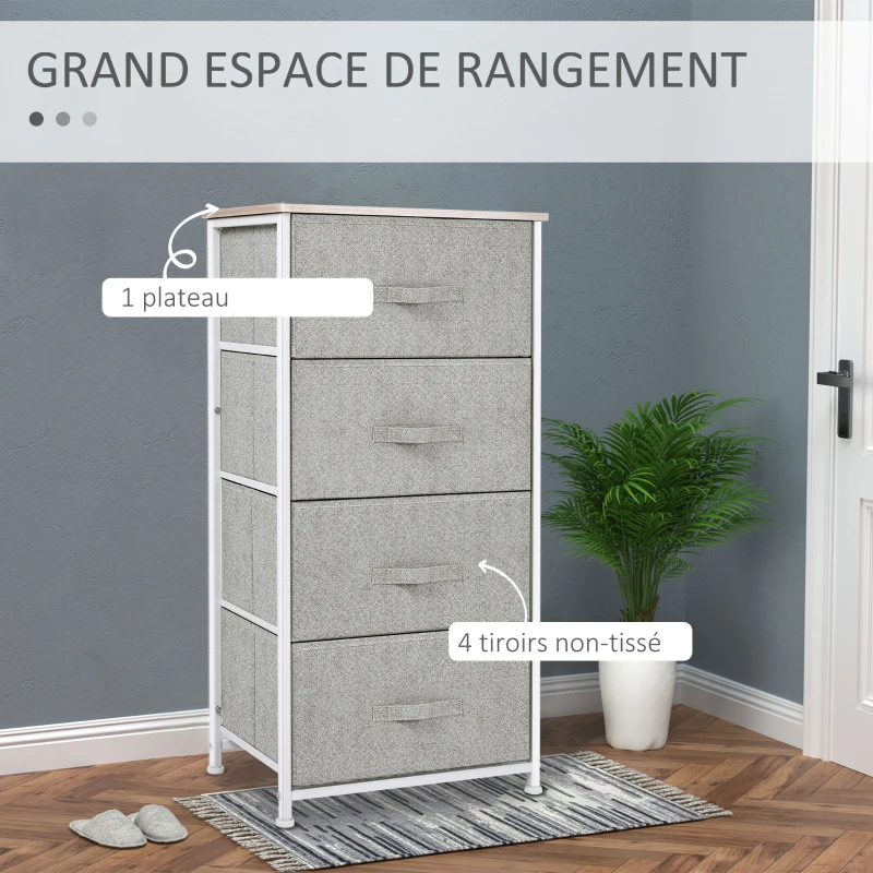 HOMCOM Commode en Tissu Meuble de Rangement 4 tiroirs chiffonnier dim. dim. 45L x 30l x 92H cm Cadre en métal